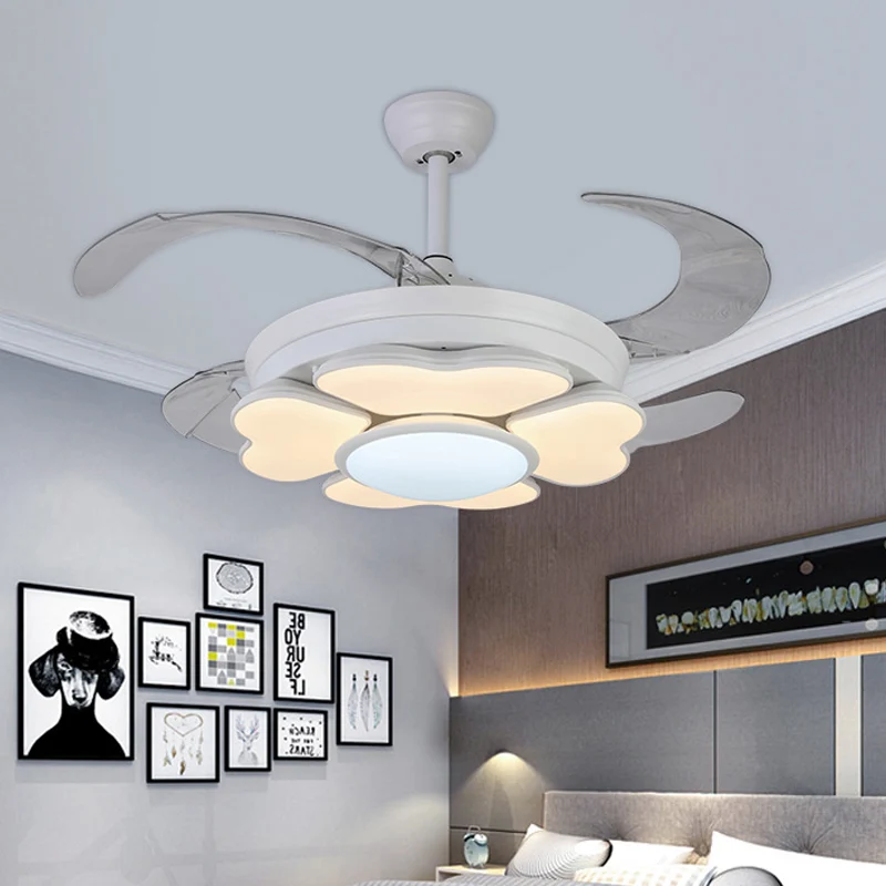 42" W LED acryl hangende ventilatorlamp Noordse witte ring slaapkamer semi-inbouwlamp met 4 bladen, afstandsbediening/muur...