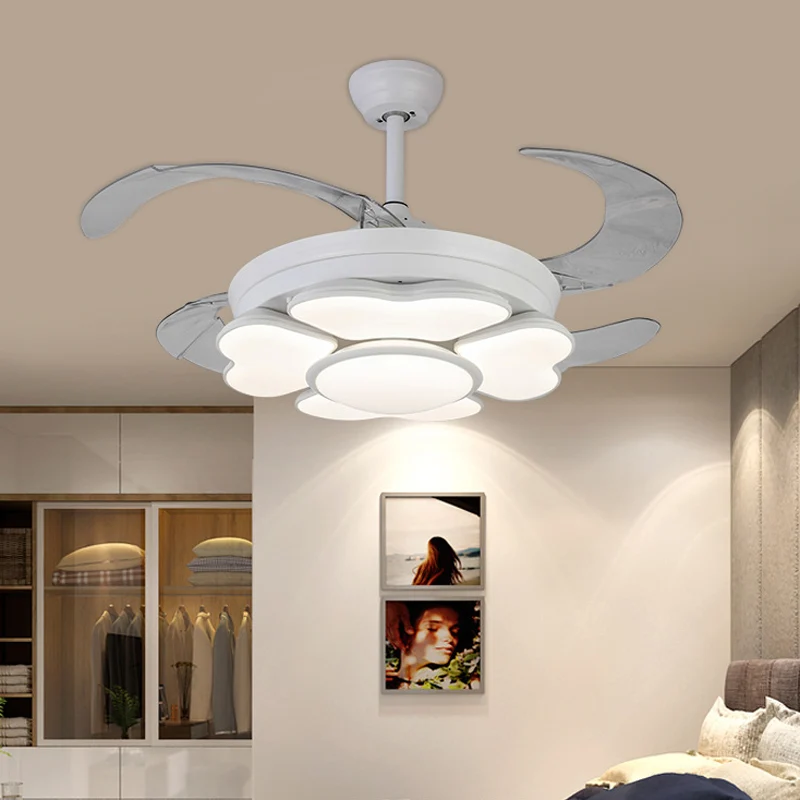 42" W LED acryl hangende ventilatorlamp Noordse witte ring slaapkamer semi-inbouwlamp met 4 bladen, afstandsbediening/muur...