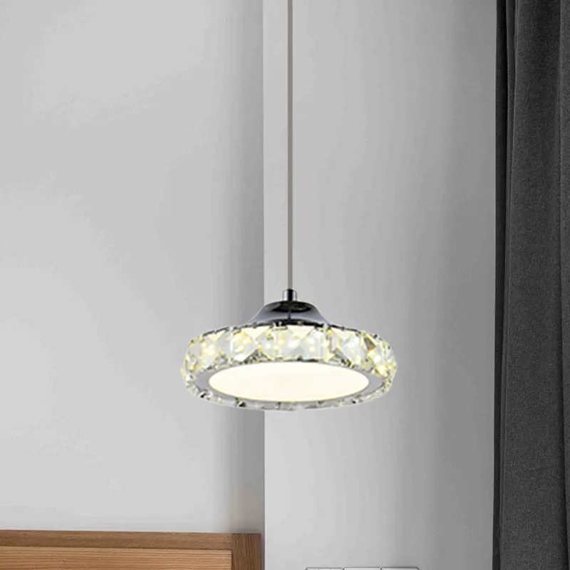 LED gefacetteerde kristallen plafondhanglamp Eenvoud Chroom Ronde eetkamer hanglamp warm/wit licht Clearhalo