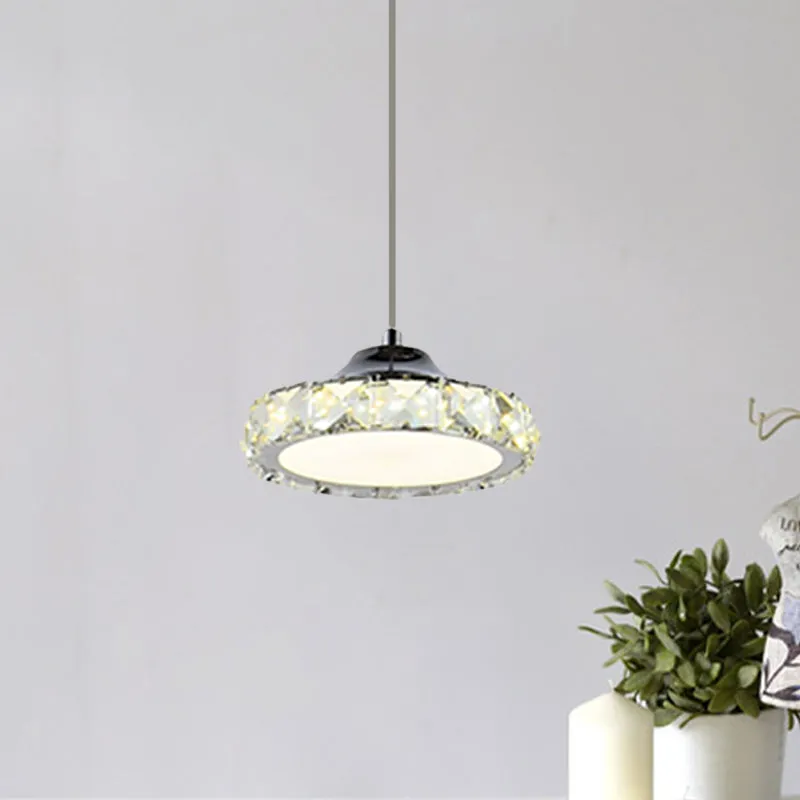 LED gefacetteerde kristallen plafondhanglamp Eenvoud Chroom Ronde eetkamer hanglamp warm/wit licht Clearhalo