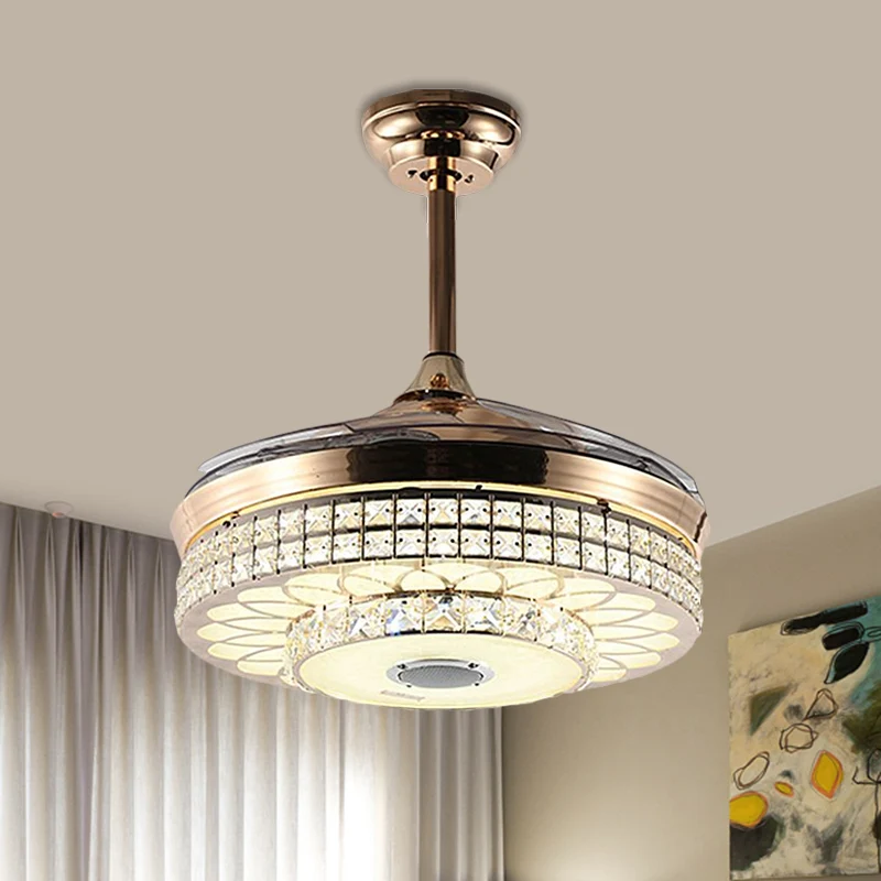 LED Parlor Hangende ventilatorlamp Modern goud 4 bladen semi-inbouwlamp met ronde gefacetteerde kristallen kap, 19" W Clea...