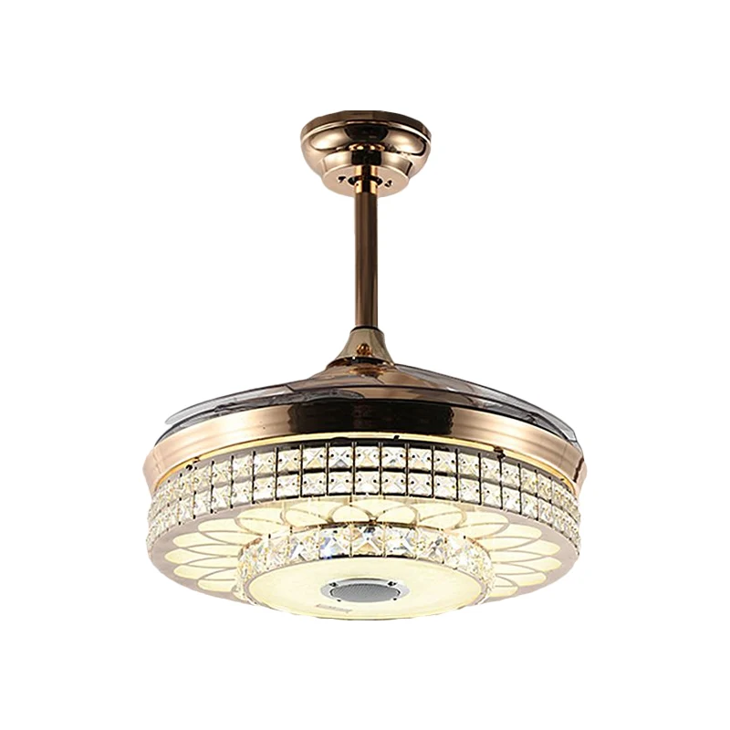 LED Parlor Hangende ventilatorlamp Modern goud 4 bladen semi-inbouwlamp met ronde gefacetteerde kristallen kap, 19" W Clea...