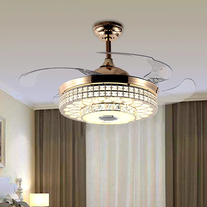 LED Parlor Hangende ventilatorlamp Modern goud 4 bladen semi-inbouwlamp met ronde gefacetteerde kristallen kap, 19" W Clea...