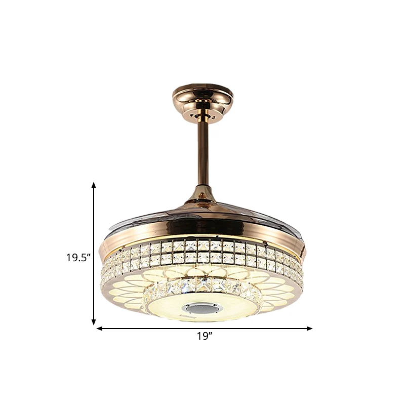 LED Parlor Hangende ventilatorlamp Modern goud 4 bladen semi-inbouwlamp met ronde gefacetteerde kristallen kap, 19" W Clea...
