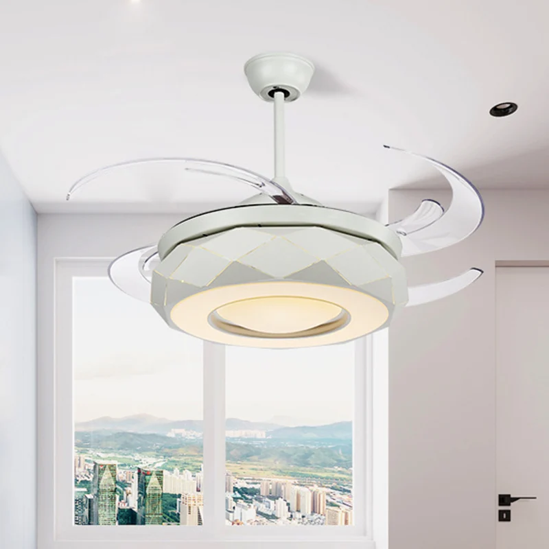 48" W LED plafondventilator verlichting moderne woonkamer 8 bladen semi-inbouwlamp met donut acryl kap wit Clearhalo