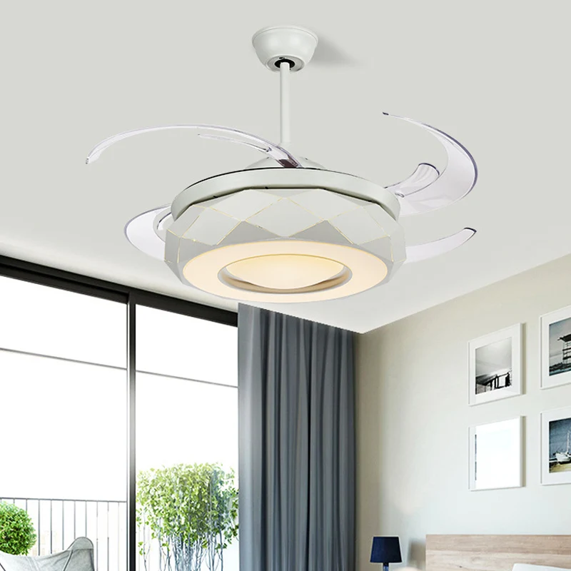 48" W LED plafondventilator verlichting moderne woonkamer 8 bladen semi-inbouwlamp met donut acryl kap wit Clearhalo