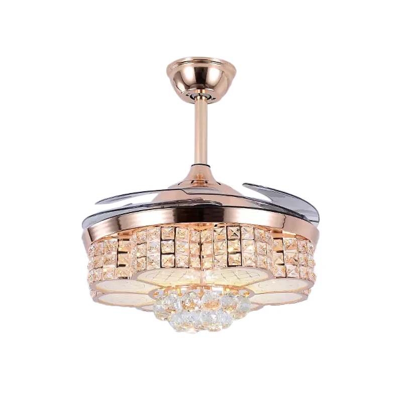 19" W LED salon semi-inbouw eenvoudig roségoud hangend ventilatorlicht met 4 bladen en bloemenkristallen blokschaduw Clear...