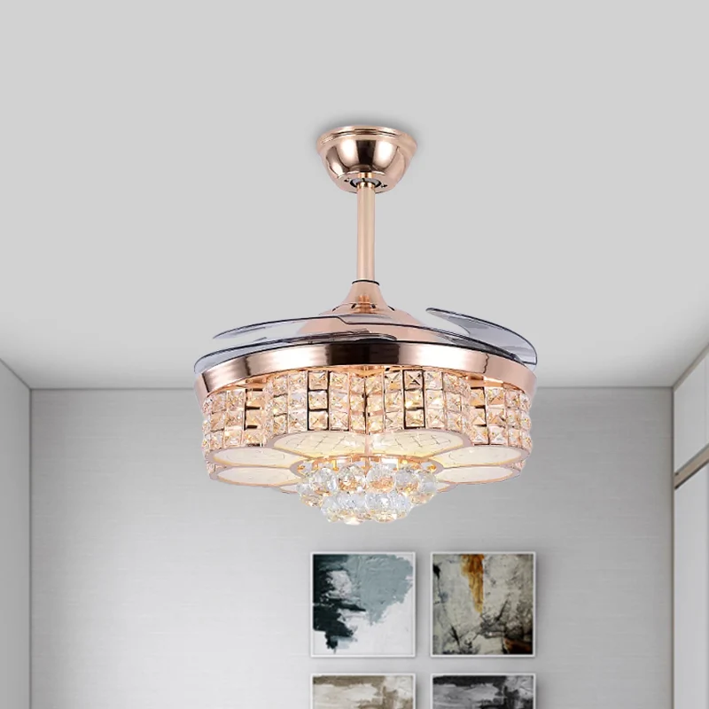 19" W LED salon semi-inbouw eenvoudig roségoud hangend ventilatorlicht met 4 bladen en bloemenkristallen blokschaduw Clear...