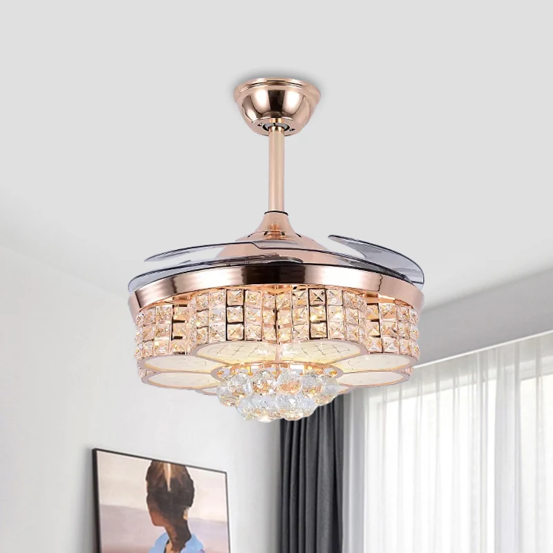 19" W LED salon semi-inbouw eenvoudig roségoud hangend ventilatorlicht met 4 bladen en bloemenkristallen blokschaduw Clear...