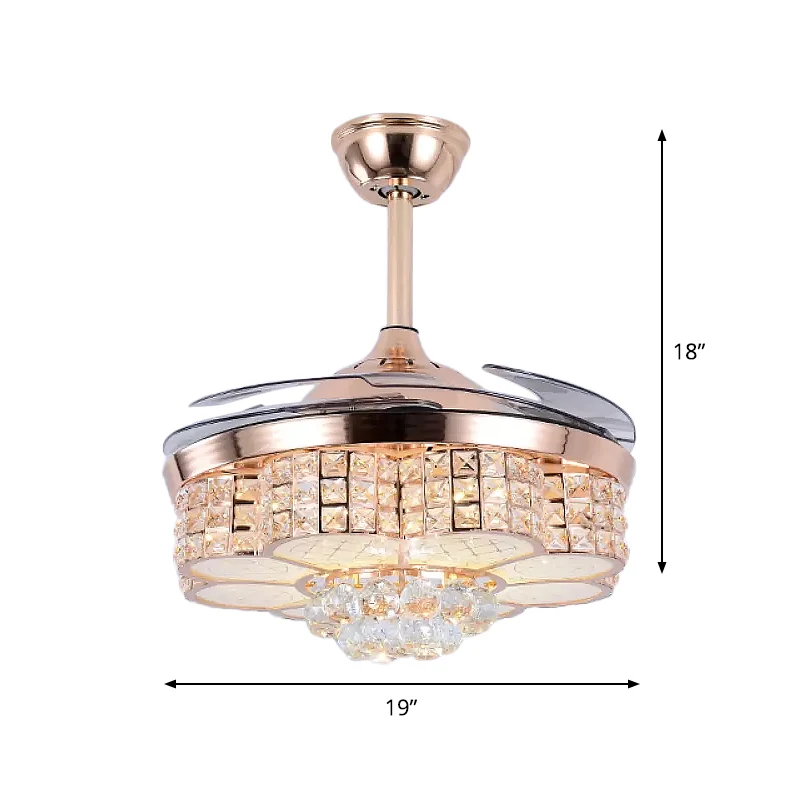 19" W LED salon semi-inbouw eenvoudig roségoud hangend ventilatorlicht met 4 bladen en bloemenkristallen blokschaduw Clear...