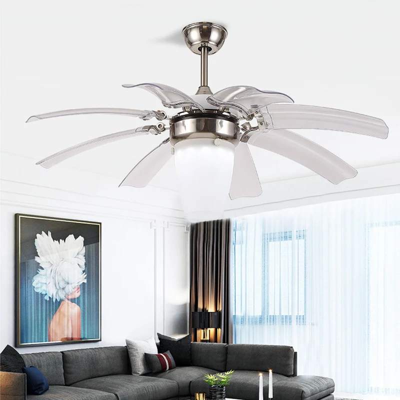48" W LED semi-inbouw hedendaagse kegel opaal glas 8 bladen plafondventilator verlichting zilver voor slaapkamer Clearhalo