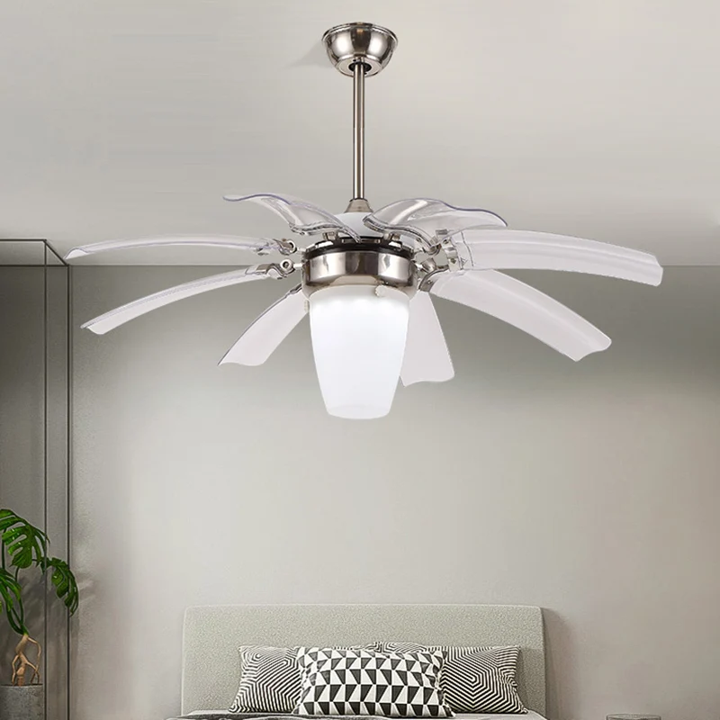 48" W LED semi-inbouw hedendaagse kegel opaal glas 8 bladen plafondventilator verlichting zilver voor slaapkamer Clearhalo