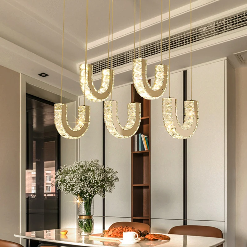 LED U-vormige multi-hanglamp Moderne roestvrijstalen heldere rechthoekig geslepen kristallen slingerlamp Clearhalo