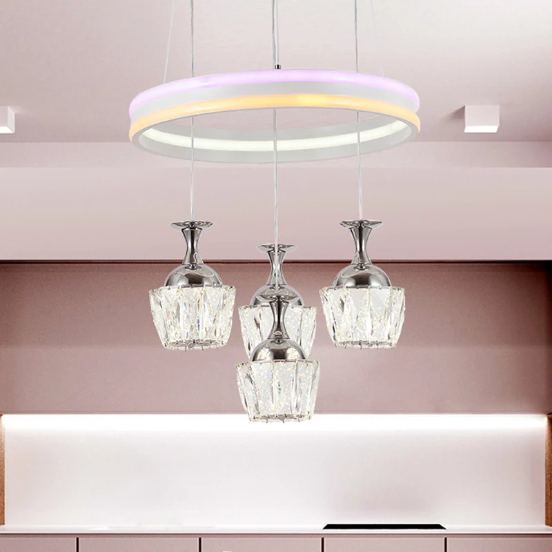 LED-clusterhanger, eenvoudige woonkamer-plafondlamp met hoepelontwerp en wijnglas, helder gefacetteerde kristallen kap Cle...