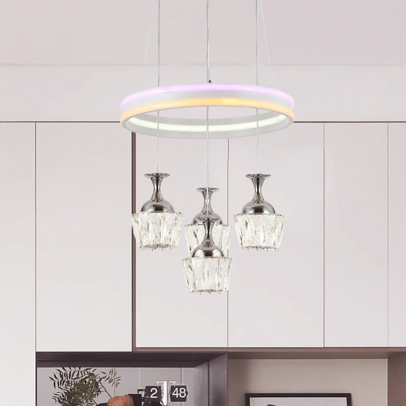 LED-clusterhanger, eenvoudige woonkamer-plafondlamp met hoepelontwerp en wijnglas, helder gefacetteerde kristallen kap Cle...