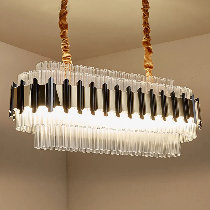 LED-eilandkroonluchter hedendaagse ovale vorm helderglazen buizen hangende plafondlamp goud Clearhalo