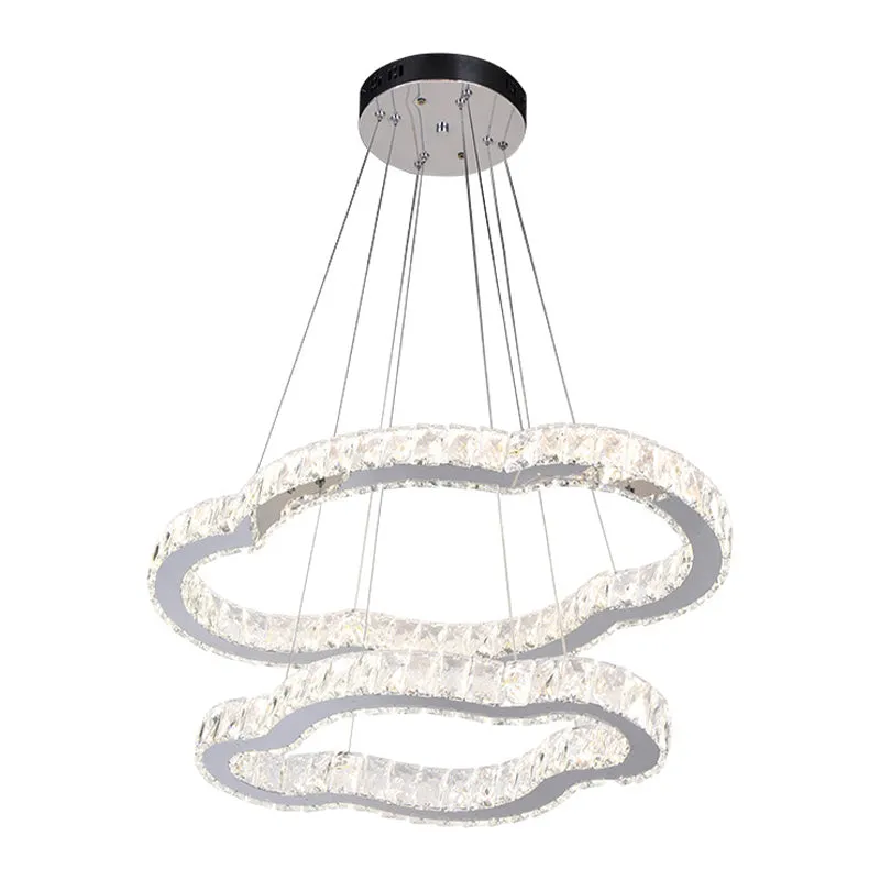 LED-kroonluchter met verchroomde afwerking, eenvoudig ingelegd kristal, 2-laags wolkvormige hanglampenset, warm/wit licht...