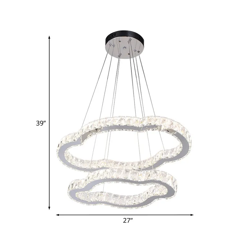 LED-kroonluchter met verchroomde afwerking, eenvoudig ingelegd kristal, 2-laags wolkvormige hanglampenset, warm/wit licht...