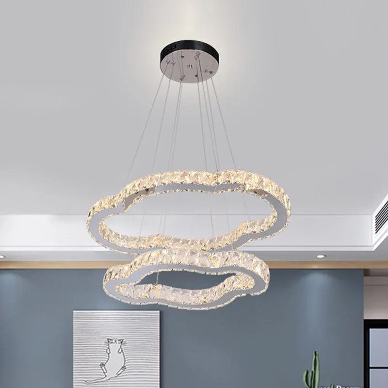 LED-kroonluchter met verchroomde afwerking, eenvoudig ingelegd kristal, 2-laags wolkvormige hanglampenset, warm/wit licht...