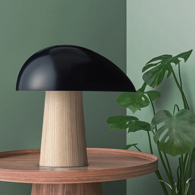 LED-nachtkastjelamp met schaduw, moderne metalen taakverlichting zwart met houten voet Clearhalo
