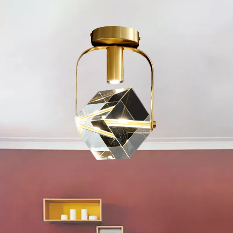 LED-plafondinbouw moderne rechthoekige ringkristalkubus semi-inbouwlamp messing Clearhalo