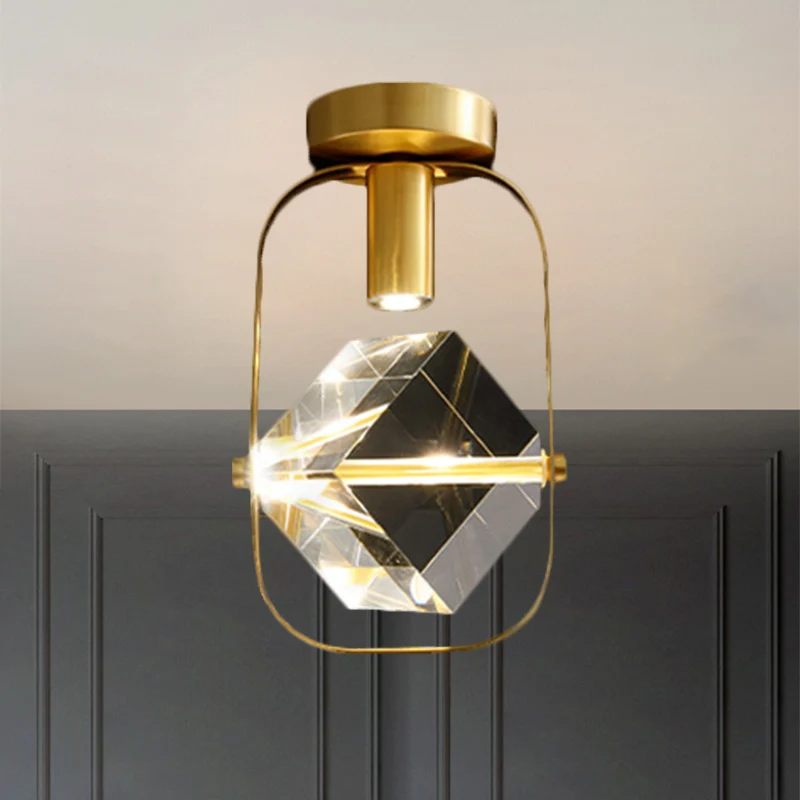 LED-plafondinbouw moderne rechthoekige ringkristalkubus semi-inbouwlamp messing Clearhalo