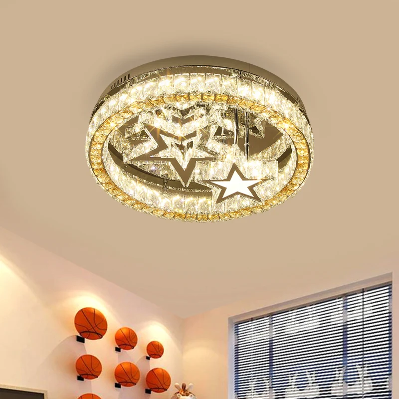 LED-plafondlamp met halfverzonken eigentijdse ronde helder gefacetteerde kristallen blokken roestvrij staal met sterontwer...