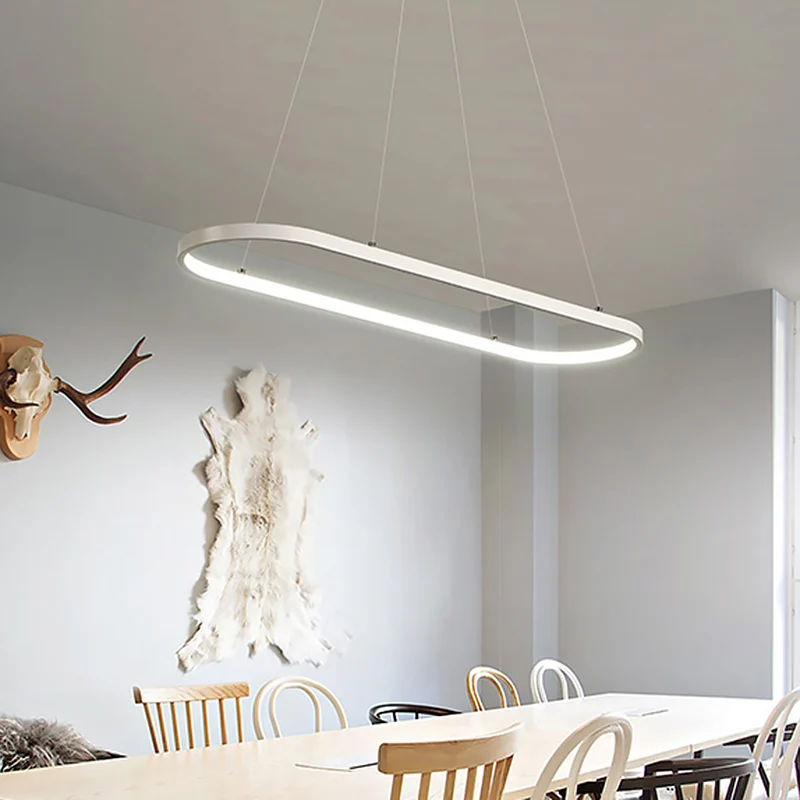 LED-restaurantplafondarmatuur moderne zwart/witte eilandlamp met ellipsvormige metalen kap, warm/wit licht Clearhalo