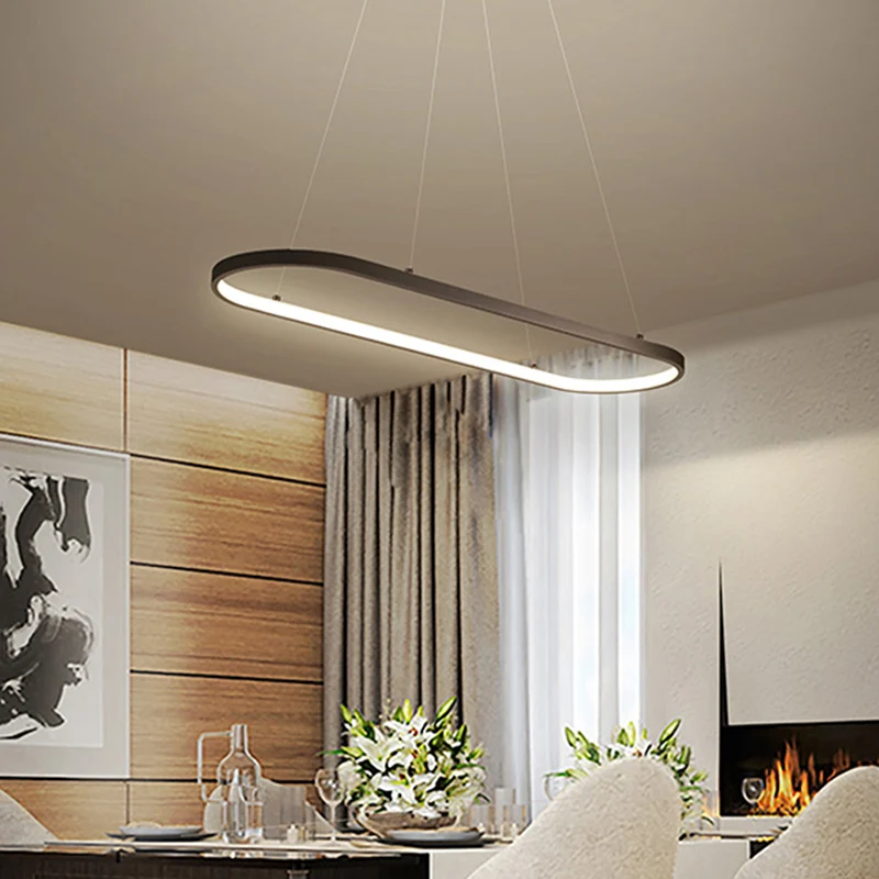 LED-restaurantplafondarmatuur moderne zwart/witte eilandlamp met ellipsvormige metalen kap, warm/wit licht Clearhalo