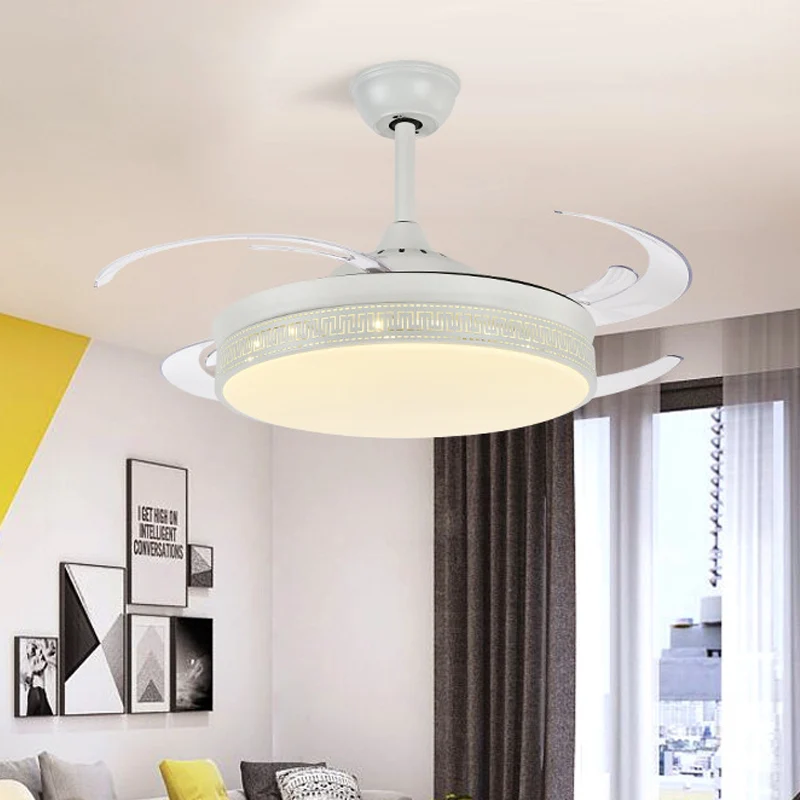 LED-semi-inbouwverlichting Hedendaagse Drum Metal 4-blads hangende hangende ventilatorlamp wit, 48 "breed Clearhalo