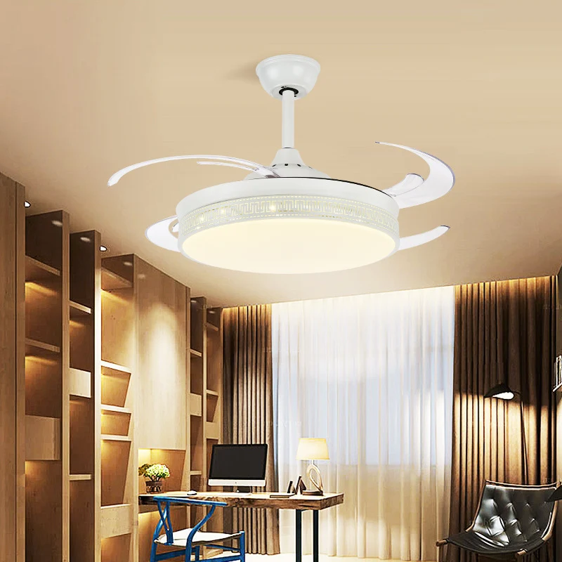 LED-semi-inbouwverlichting Hedendaagse Drum Metal 4-blads hangende hangende ventilatorlamp wit, 48 "breed Clearhalo