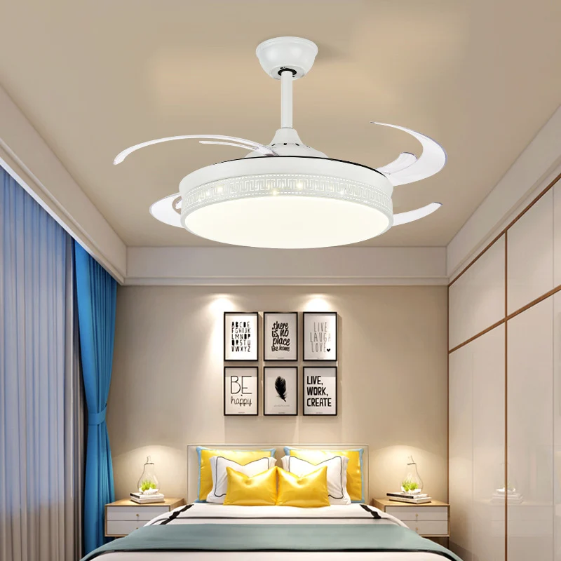 LED-semi-inbouwverlichting Hedendaagse Drum Metal 4-blads hangende hangende ventilatorlamp wit, 48 "breed Clearhalo