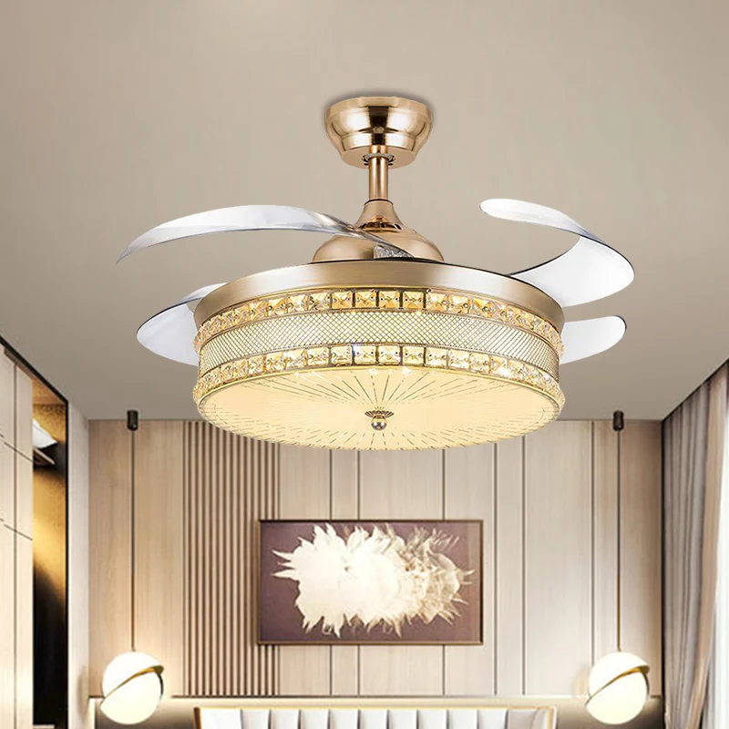 19" W LED-slaapkamer hangende ventilatorlamp, eenvoudig goud, 4 bladen semi-inbouwverlichting met trommelkristallen kap Cl...