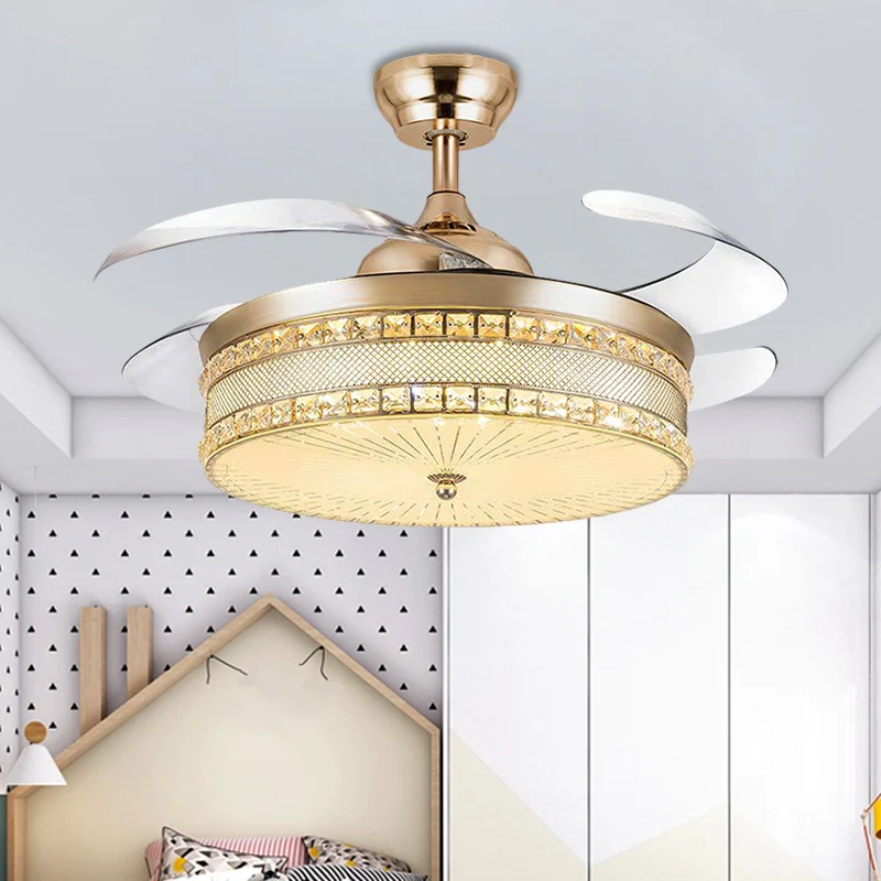 19" W LED-slaapkamer hangende ventilatorlamp, eenvoudig goud, 4 bladen semi-inbouwverlichting met trommelkristallen kap Cl...