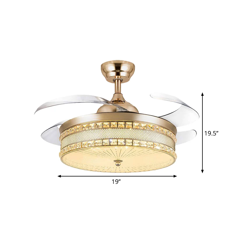 19" W LED-slaapkamer hangende ventilatorlamp, eenvoudig goud, 4 bladen semi-inbouwverlichting met trommelkristallen kap Cl...