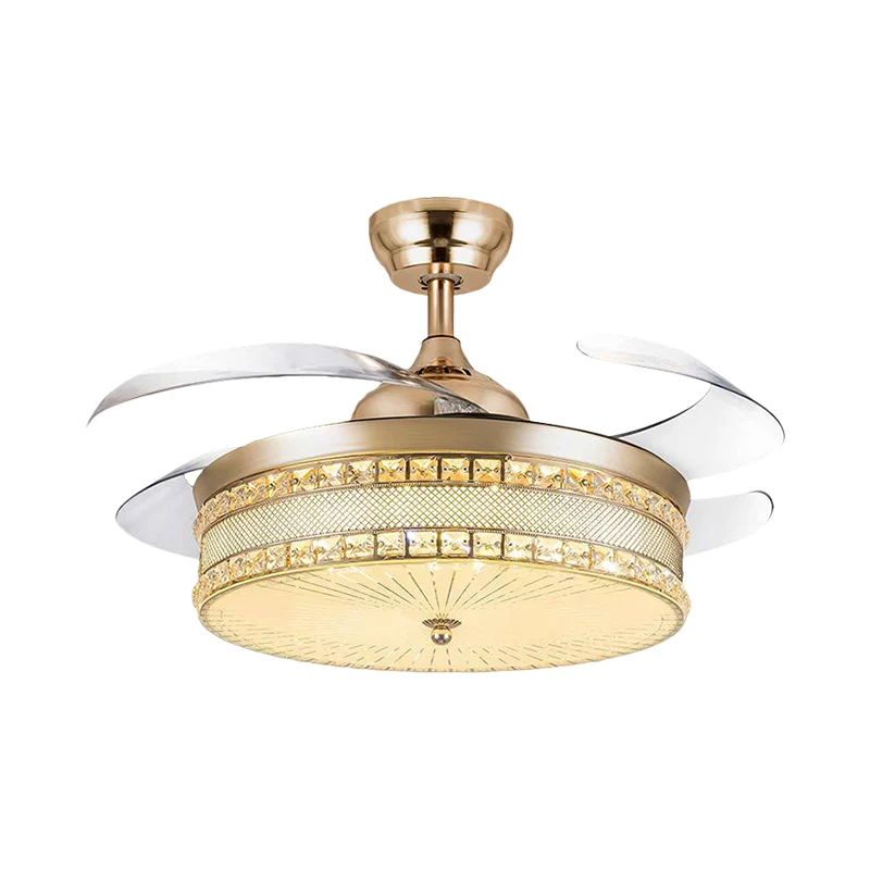 19" W LED-slaapkamer hangende ventilatorlamp, eenvoudig goud, 4 bladen semi-inbouwverlichting met trommelkristallen kap Cl...