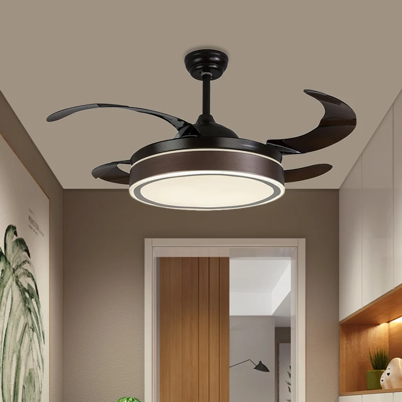 42" W LED-ventilatorverlichting Eenvoudige ronde acryl semi-inbouw plafondlamp koffie met 4 bruine bladen, afstandsbedieni...