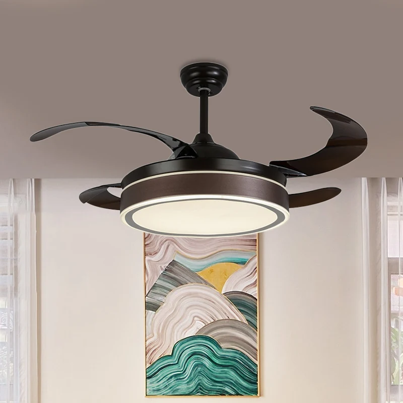 42" W LED-ventilatorverlichting Eenvoudige ronde acryl semi-inbouw plafondlamp koffie met 4 bruine bladen, afstandsbedieni...