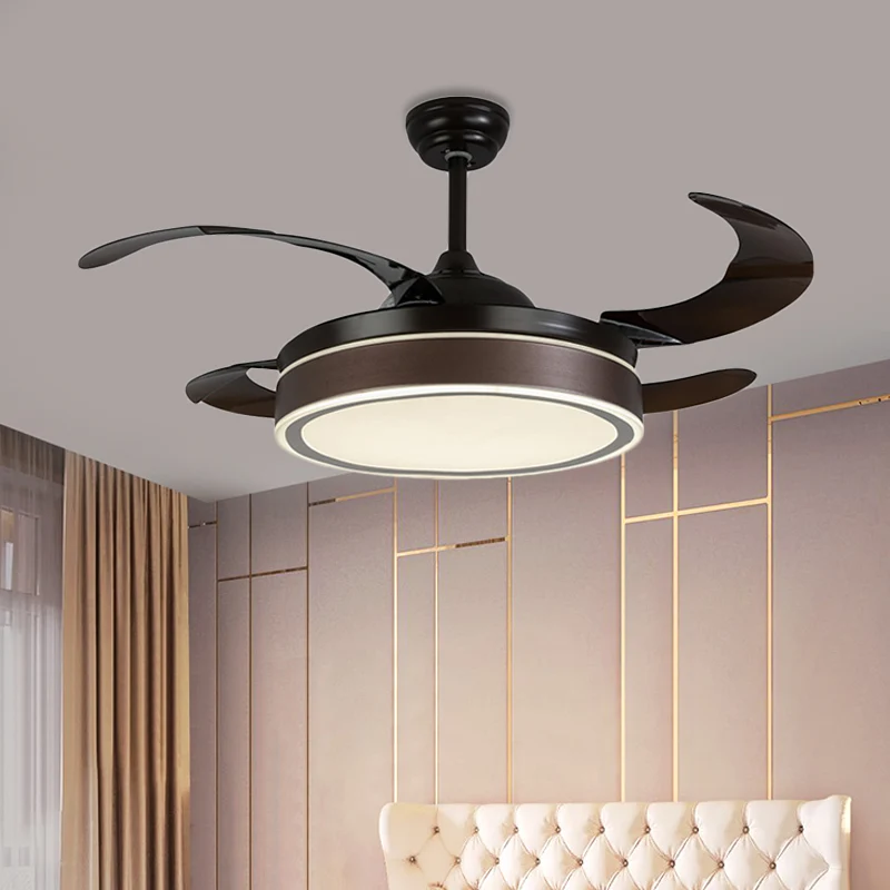 42" W LED-ventilatorverlichting Eenvoudige ronde acryl semi-inbouw plafondlamp koffie met 4 bruine bladen, afstandsbedieni...