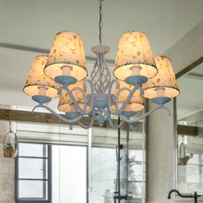 Lichtblauw 6-kops kroonluchter licht traditionalisme stof conische LED hangende verlichtingsarmatuur Clearhalo