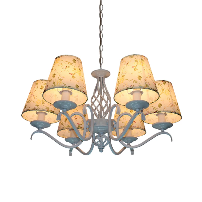 Lichtblauw 6-kops kroonluchter licht traditionalisme stof conische LED hangende verlichtingsarmatuur Clearhalo