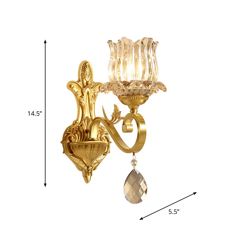 1 lichtbloemige wandverlichtingsideeën Traditionele gouden afwerking Kristallen wandlamp met gebogen arm Clearhalo