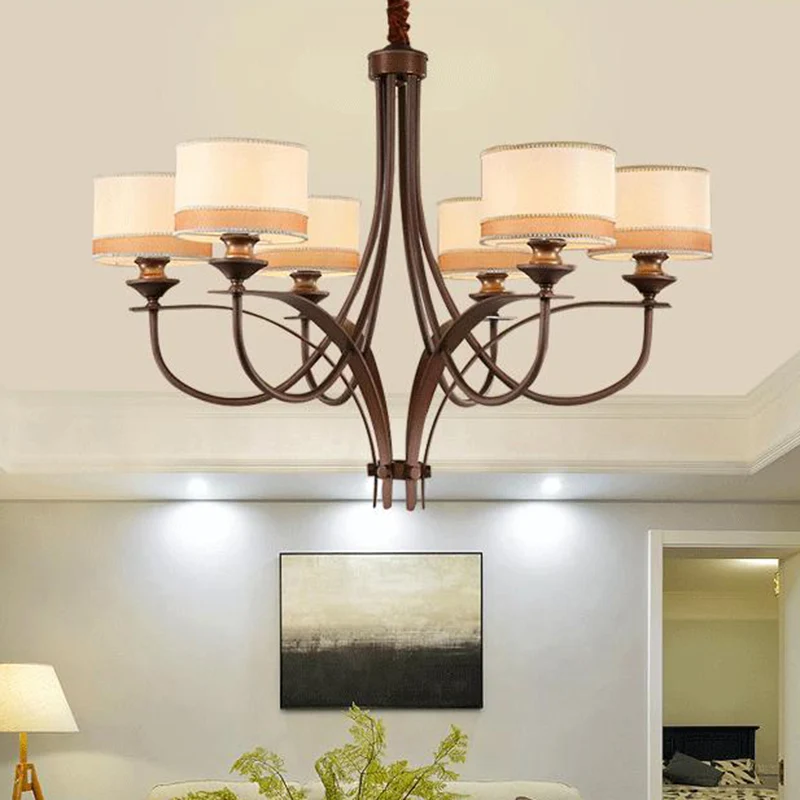 Lichtbruine 3/6-lichts hangende kroonluchter Klassieke stoffen trommelhanglamp voor woonkamer Clearhalo