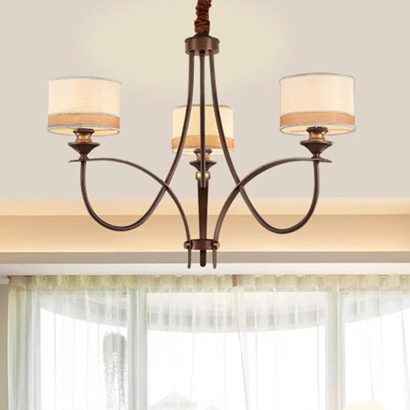 Lichtbruine 3/6-lichts hangende kroonluchter Klassieke stoffen trommelhanglamp voor woonkamer Clearhalo