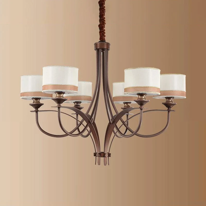 Lichtbruine 3/6-lichts hangende kroonluchter Klassieke stoffen trommelhanglamp voor woonkamer Clearhalo