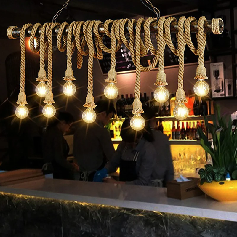 Lichtbruine eilandlamp met natuurlijk touw, industriële hanglamp met kale lamp Clearhalo