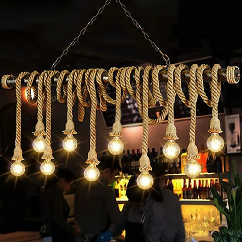 Lichtbruine eilandlamp met natuurlijk touw, industriële hanglamp met kale lamp Clearhalo