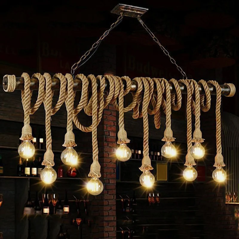 Lichtbruine eilandlamp met natuurlijk touw, industriële hanglamp met kale lamp Clearhalo