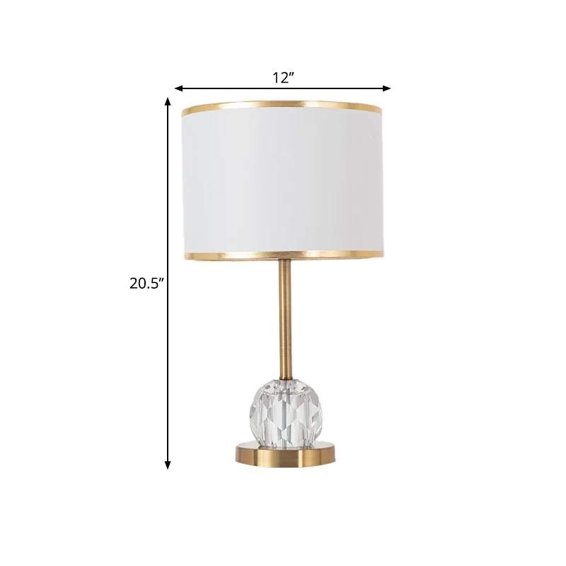 1 Lichte Drum Schaduw Tafellamp Traditionele Stoffen Nachtstandlamp Goud met Orb Bevel Cut Crystal Decor Clearhalo