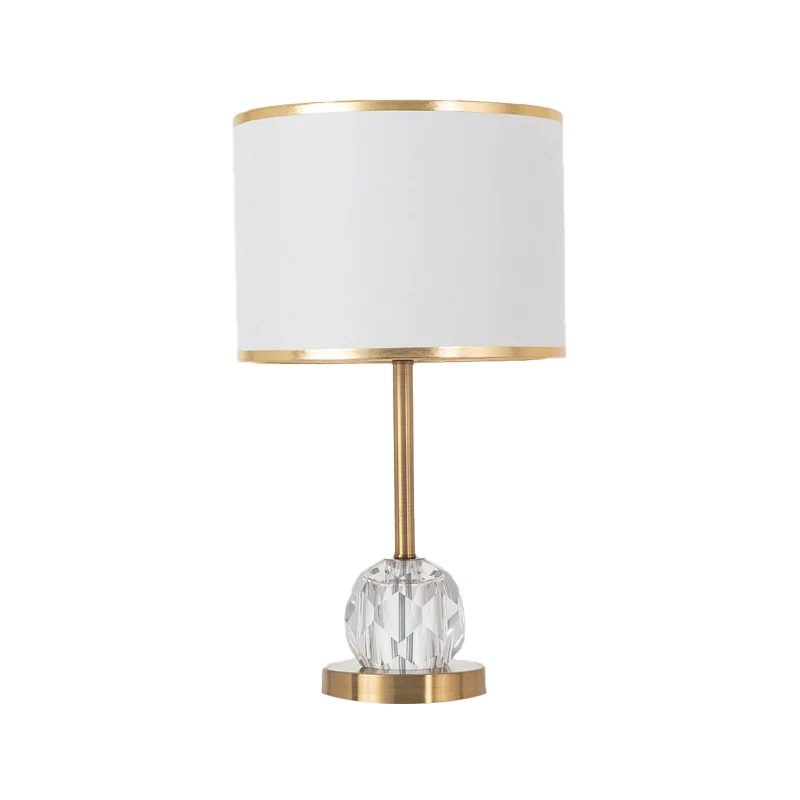 1 Lichte Drum Schaduw Tafellamp Traditionele Stoffen Nachtstandlamp Goud met Orb Bevel Cut Crystal Decor Clearhalo